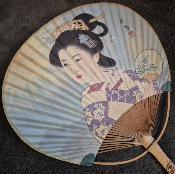 Japanese Geisha Paper Hand Fan Wooden Bamboo Handle Antique - Picture 9 of 10